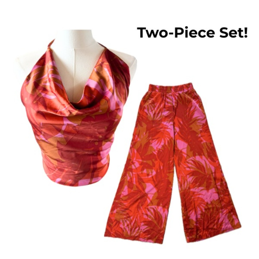 Vici Women's Tropical Print 2-Piece Set Halter and Wide Leg Pants Vacation Sz SM